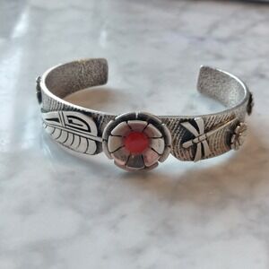 Roy Talahaftewa Hopi Sterling Red Coral Dragonfly Feather Flower Cuff Bracelet